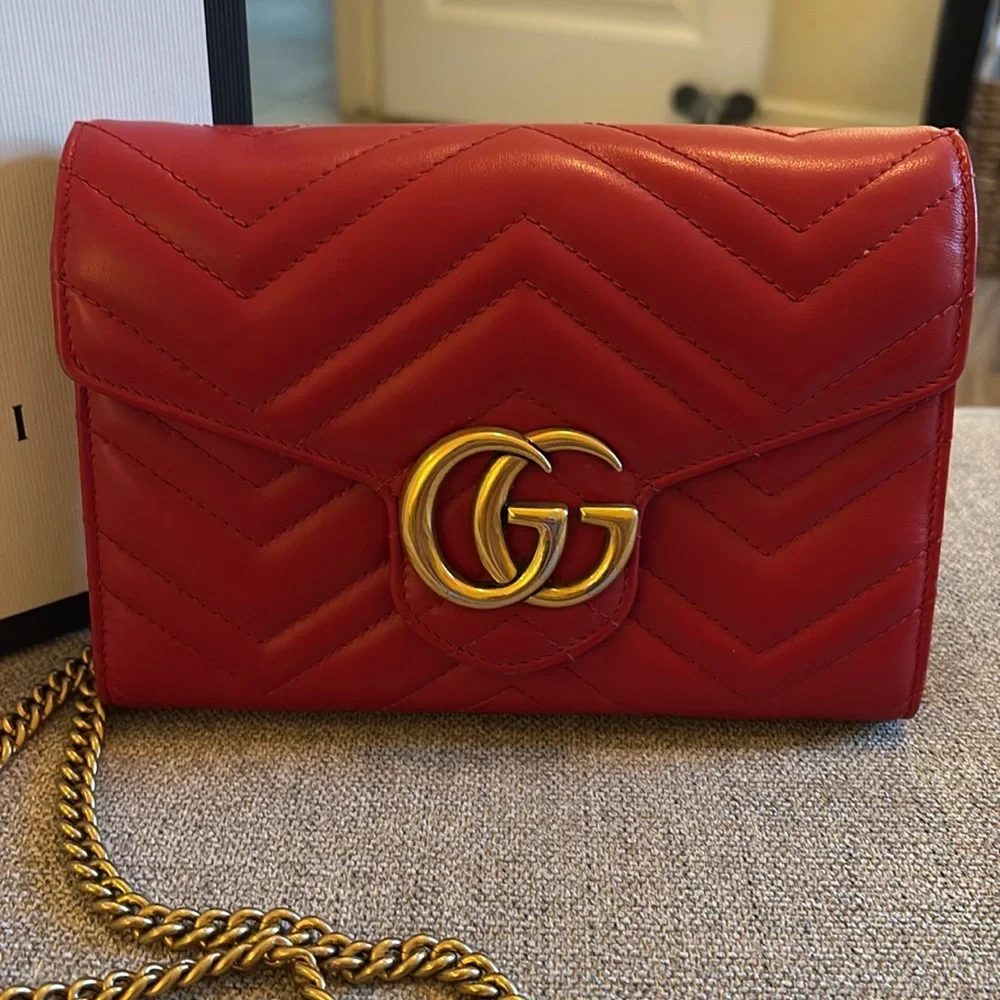 Gucci Red Chevron Quilted Leather Crossbody with Gold Double G